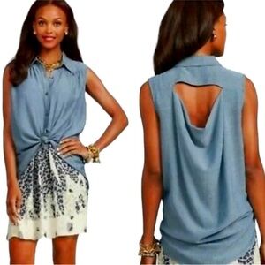 Cabi Top Tunic Blue Chambray Drape Open Back Hi Low Blouse Flowy Button